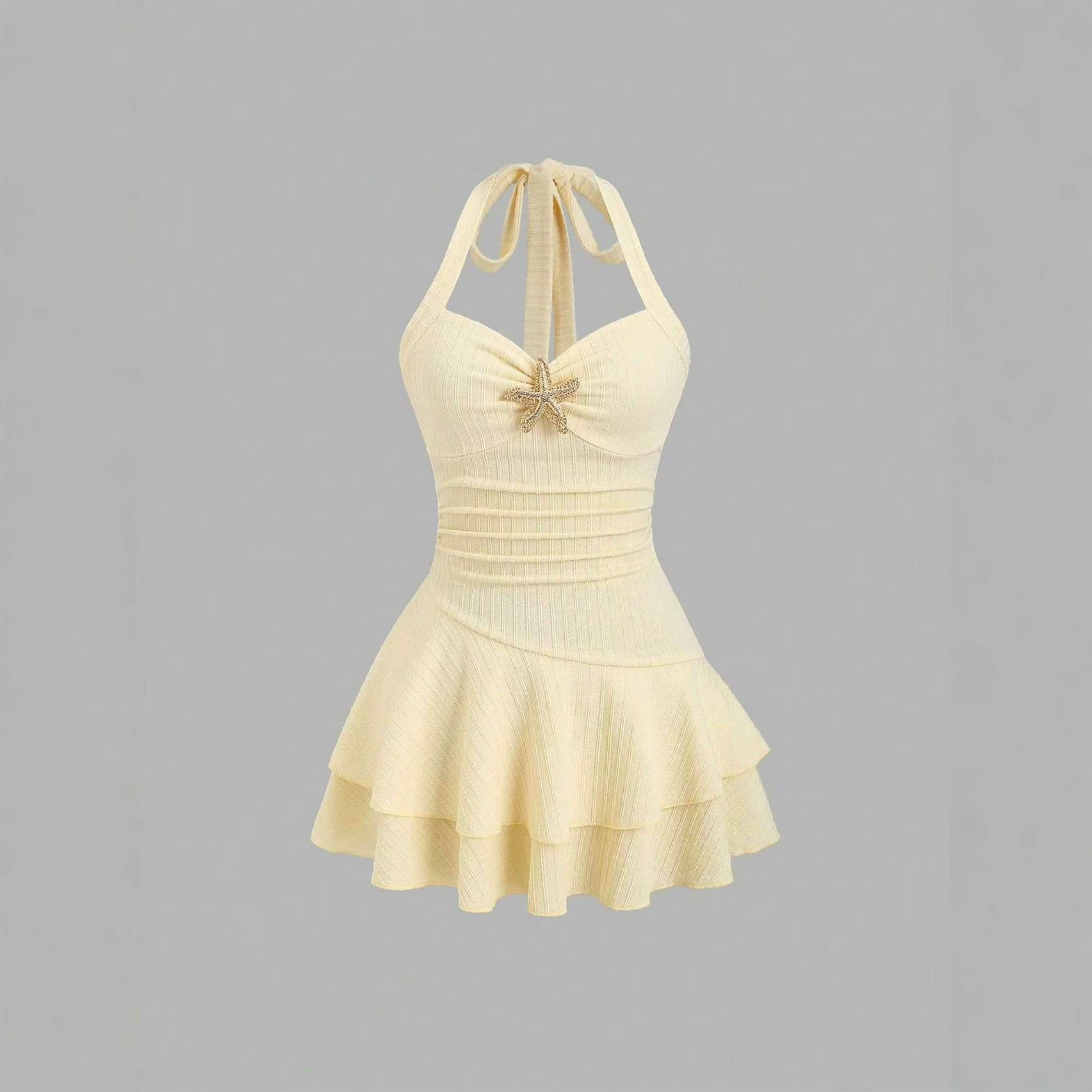 Halter neck slip dress with starfish decoration, pleated, waist-cinching short skirt