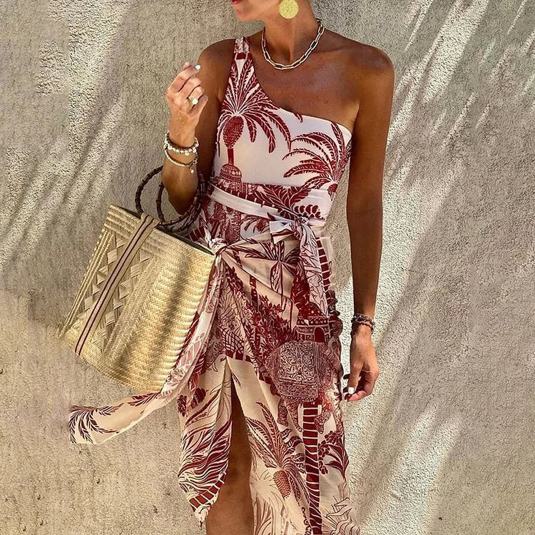 Print Off-Shoulder Belted Slim-Fitting  One-Piece Swimsuit