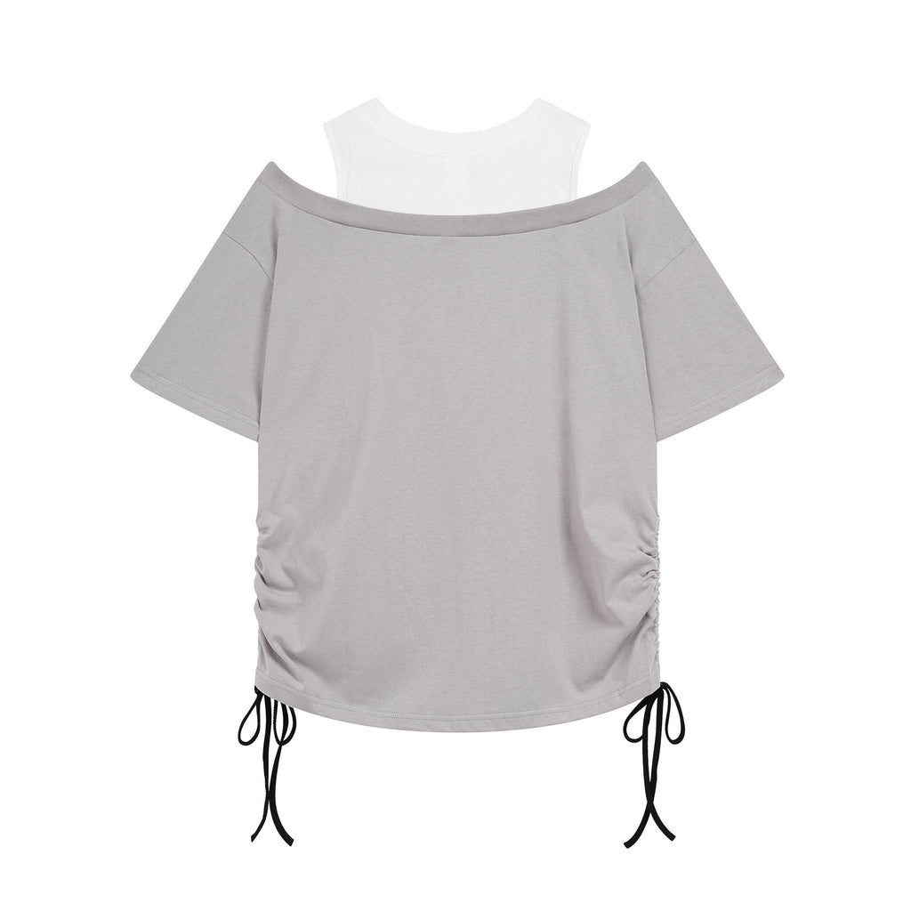 Candlestick Graffiti Printed Off-Shoulder T-Shirt for Women, Drawstring Tie-Up Pleated Slim-Fitting Top