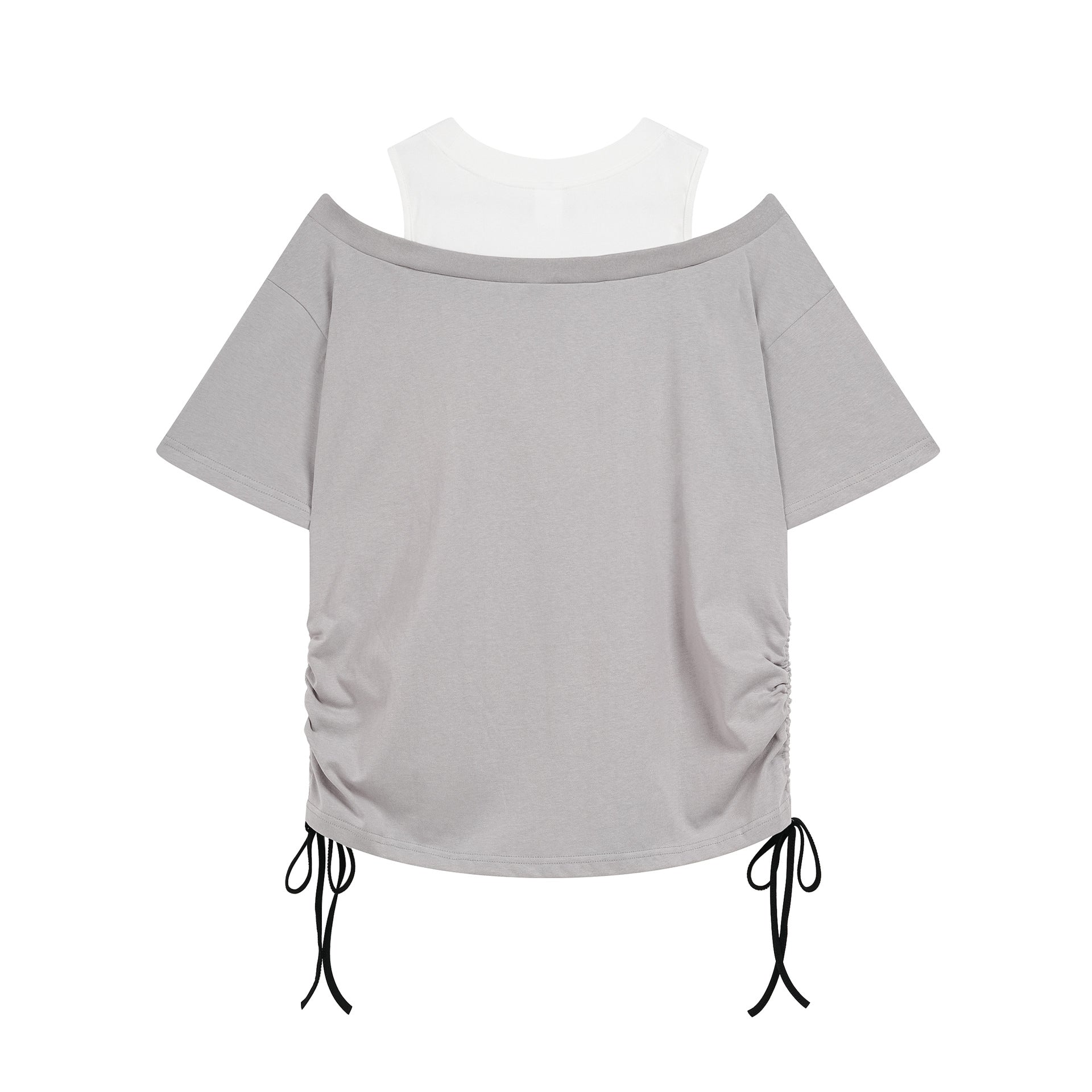 Candlestick Graffiti Printed Off-Shoulder T-Shirt for Women, Drawstring Tie-Up Pleated Slim-Fitting Top