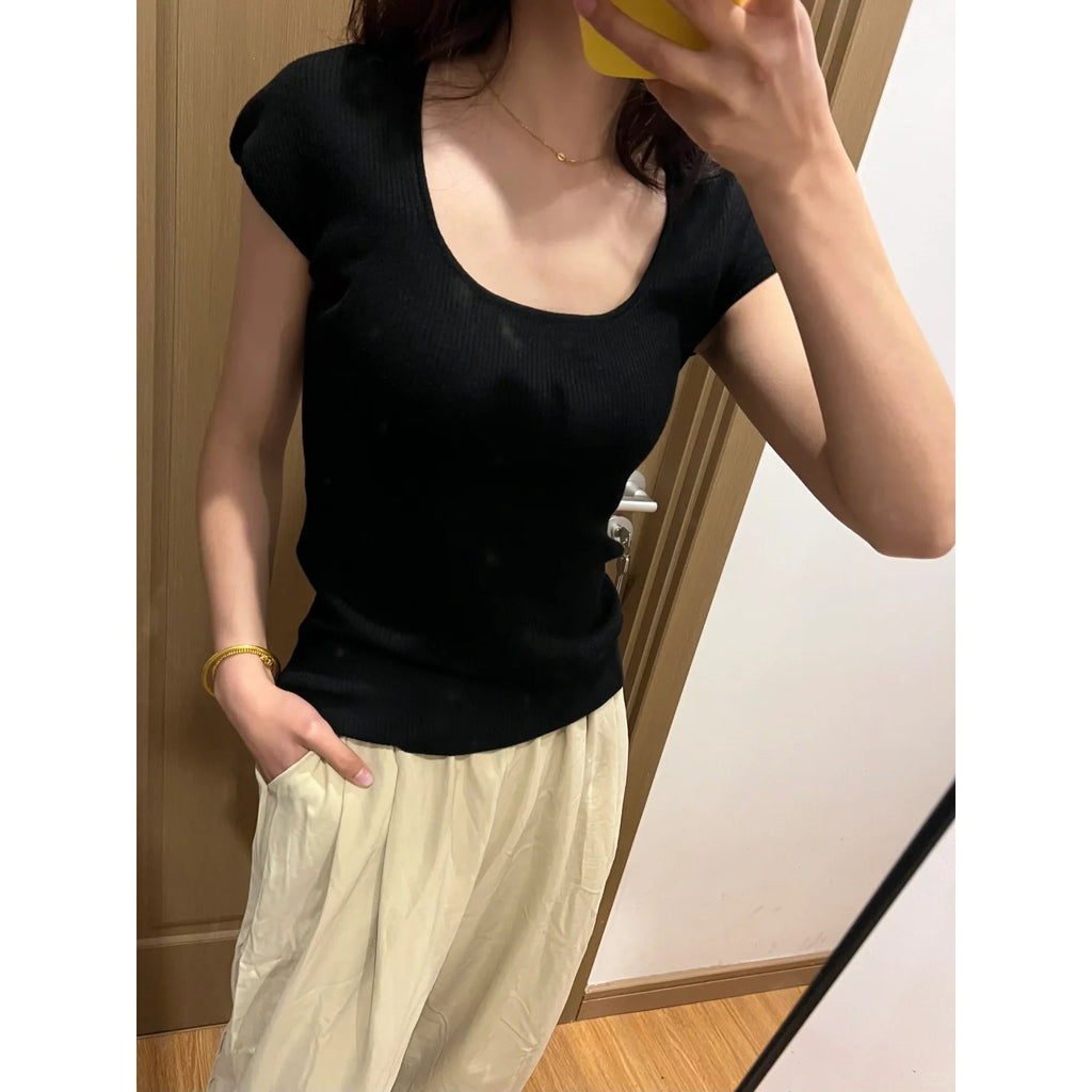 Purple U-Neck Ribbed Knit Short Sleeve