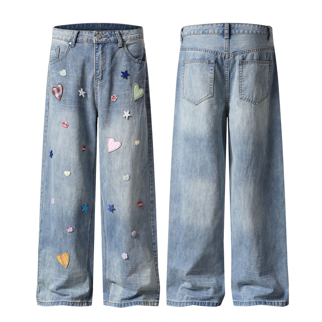Patchwork Denim Pants Loose Straight-Leg Sweet Girl Style Versatile Long Pants