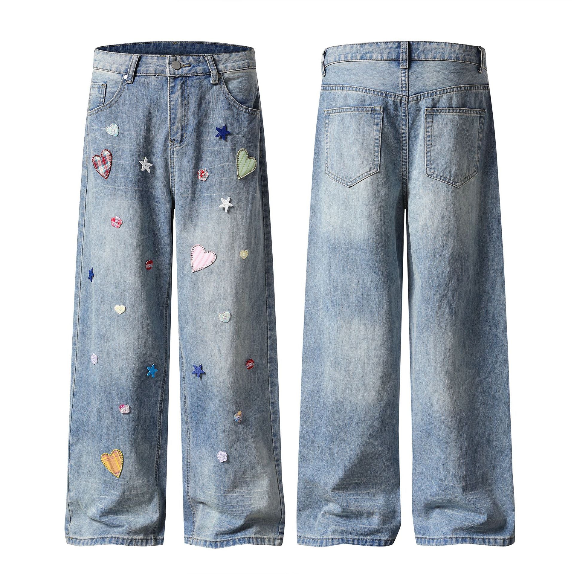 Patchwork Denim Pants Loose Straight-Leg Sweet Girl Style Versatile Long Pants