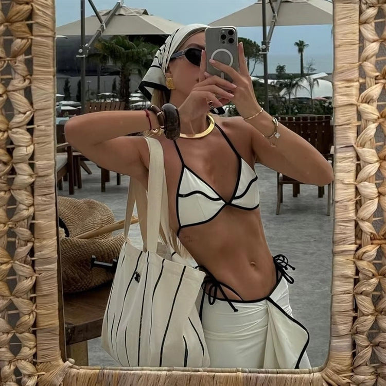 Tie-Up Long Dress Three-Piece Swimsuit, Resort Style Swimwear