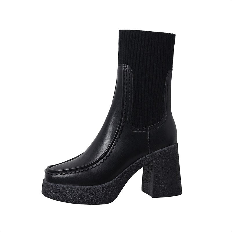 Platform Ankle Boots Woman Shoes Stretch Wool Leather Simple Brand Sock Boots High Heel Autumn Winter Warm Boots