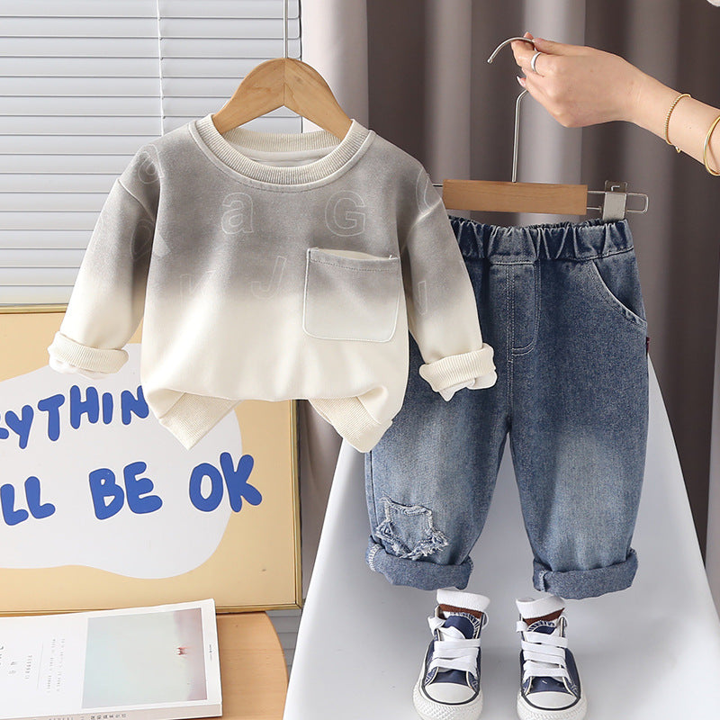 Male baby letter long sleeved hoodie two-piece set