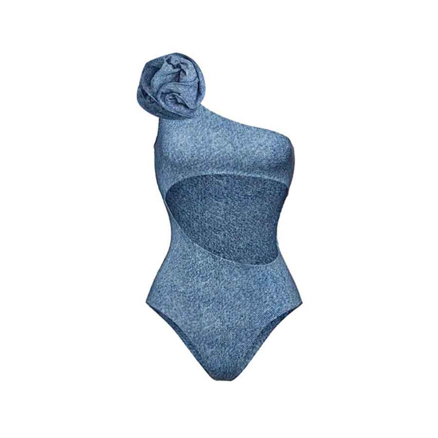One-Shoulder Hollow-Out Soft Denim One-Piece Swimsuit with Flower Decoration for Women