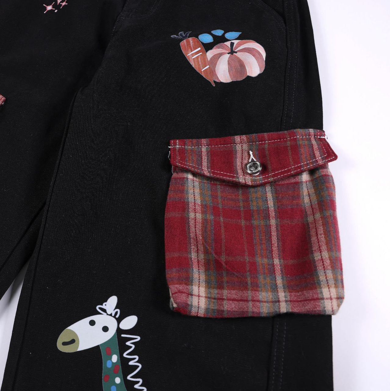 Casual Wide-Leg Denim Pants for Women with Cartoon Print High-Street American Vintage Plaid Style