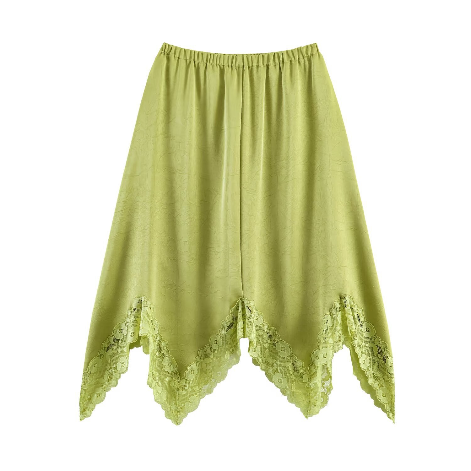 Irregular hem lace lace embossed satin skirt
