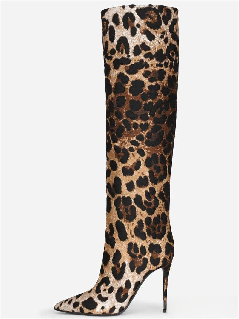 Pointed thin heel leopard print long boots for women's fashionable and sexy high boots for women's shoes