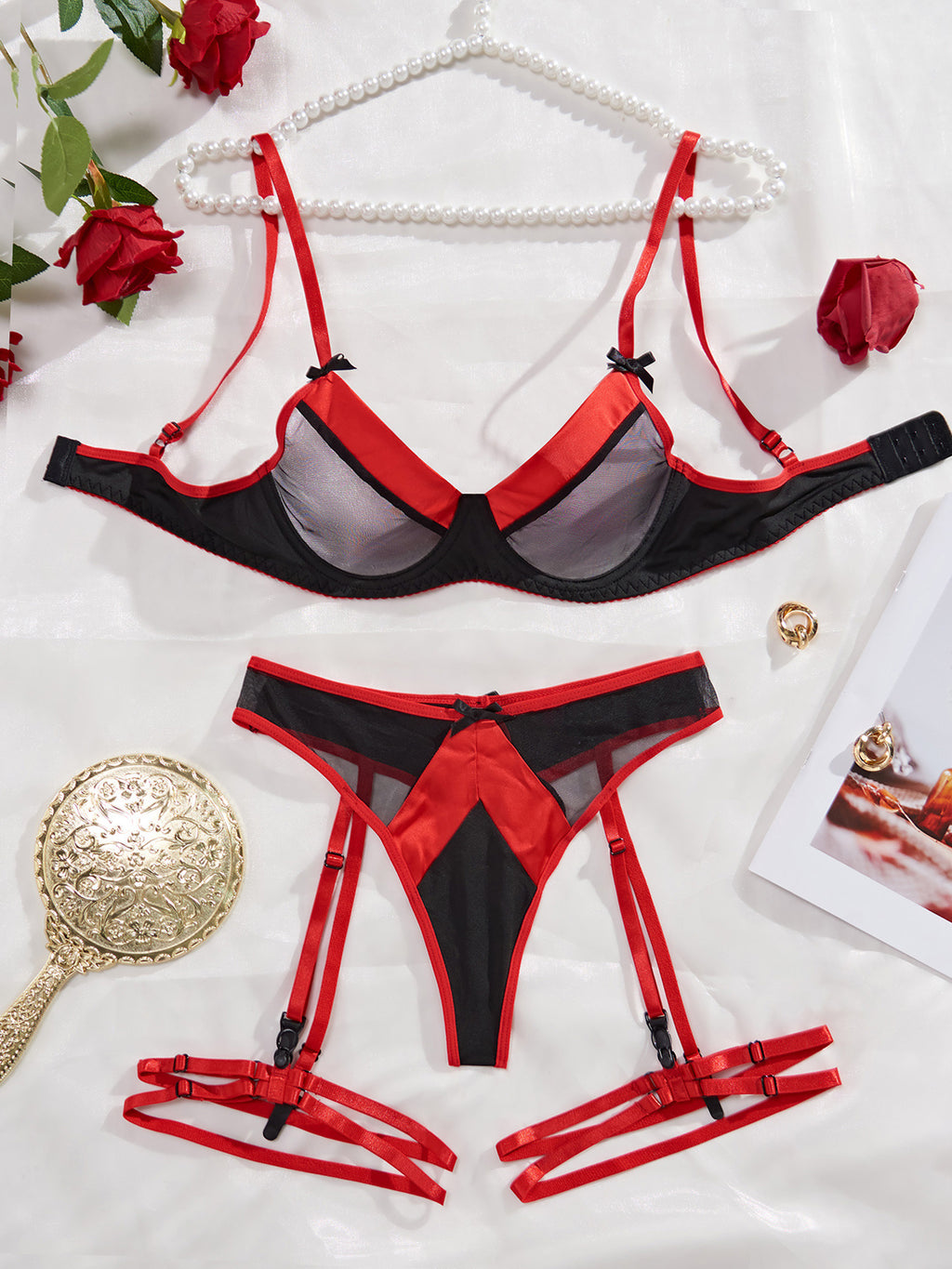 Sexy Set with Mesh Mesh Splicing Bow Sexy Underwear Three Piece Set for Women