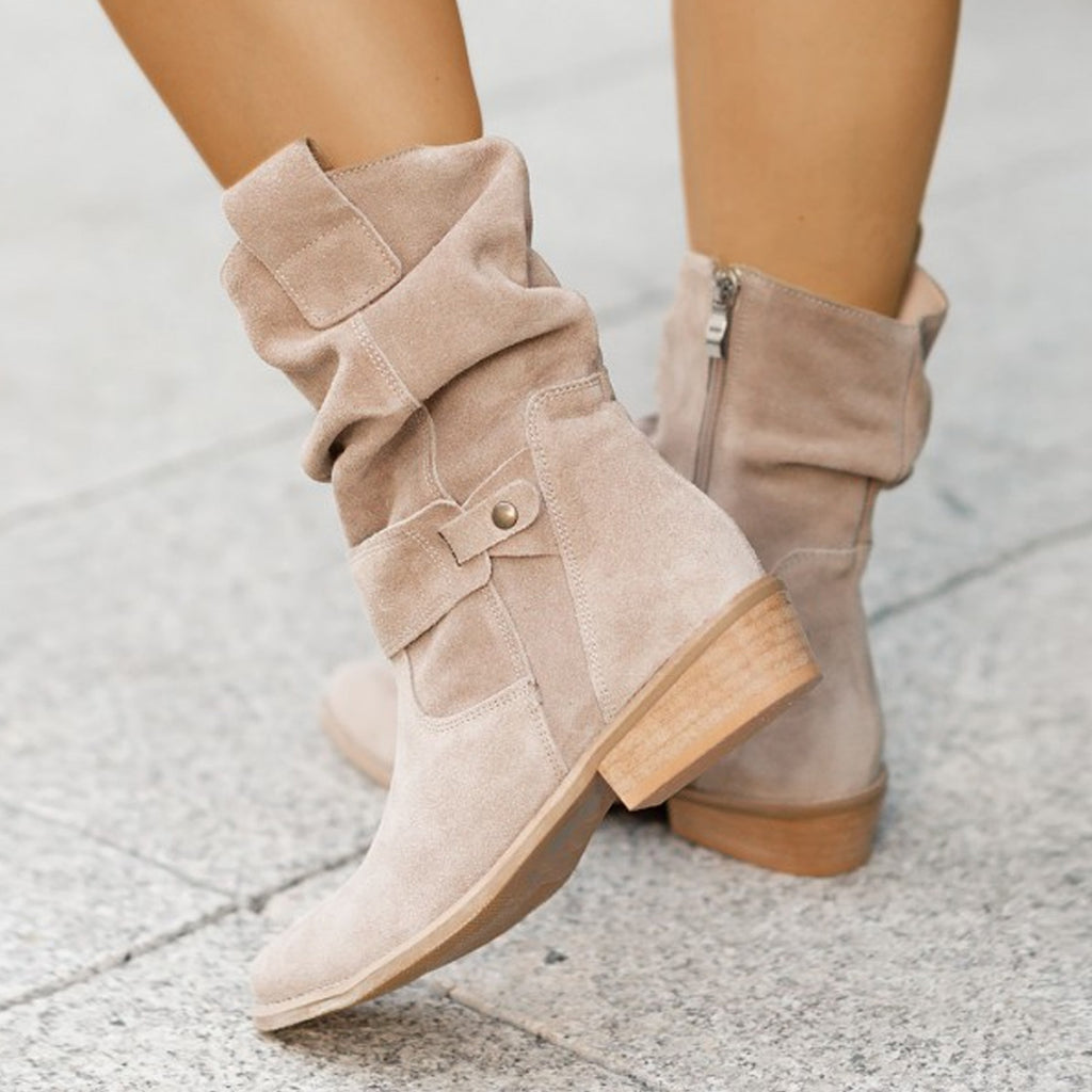 Low heeled square heeled suede pleated low cut boots
