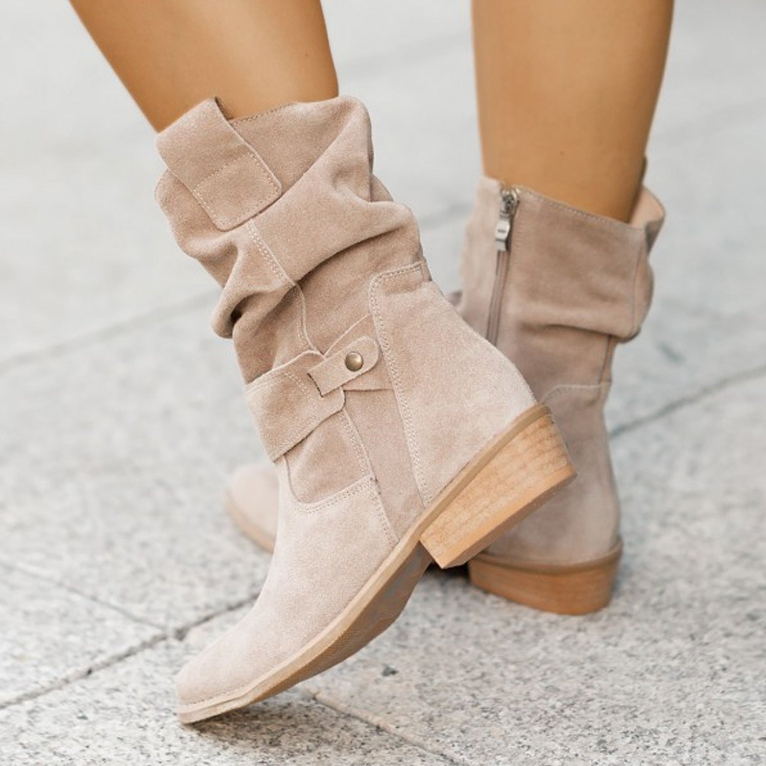 Low heeled square heeled suede pleated low cut boots