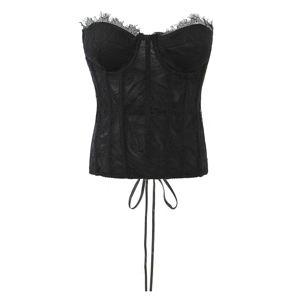 Solid color lace strap strapless waist cinching top