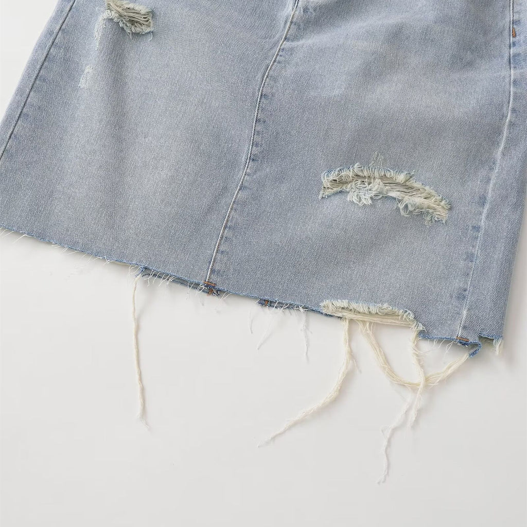 Mid waist perforated casual denim skirt