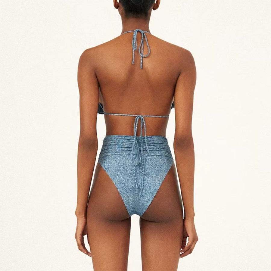 Flower Decorated Halter Tie-Up Two-Piece Swimsuit Women High-Waisted Bikini