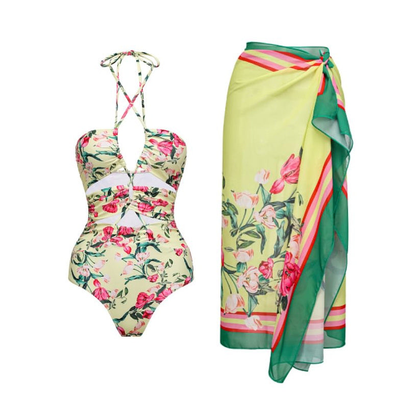 Floral Tie-Up Hollow Out One-Piece Swimsuit Set Dress for Women