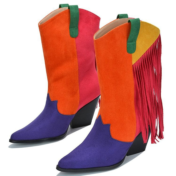 Female Faux Suede Fringed Cowboy Boots Autumn Winter Women Pointy Toe Chunky Heel Ankle Boots Slip on Retro Boots