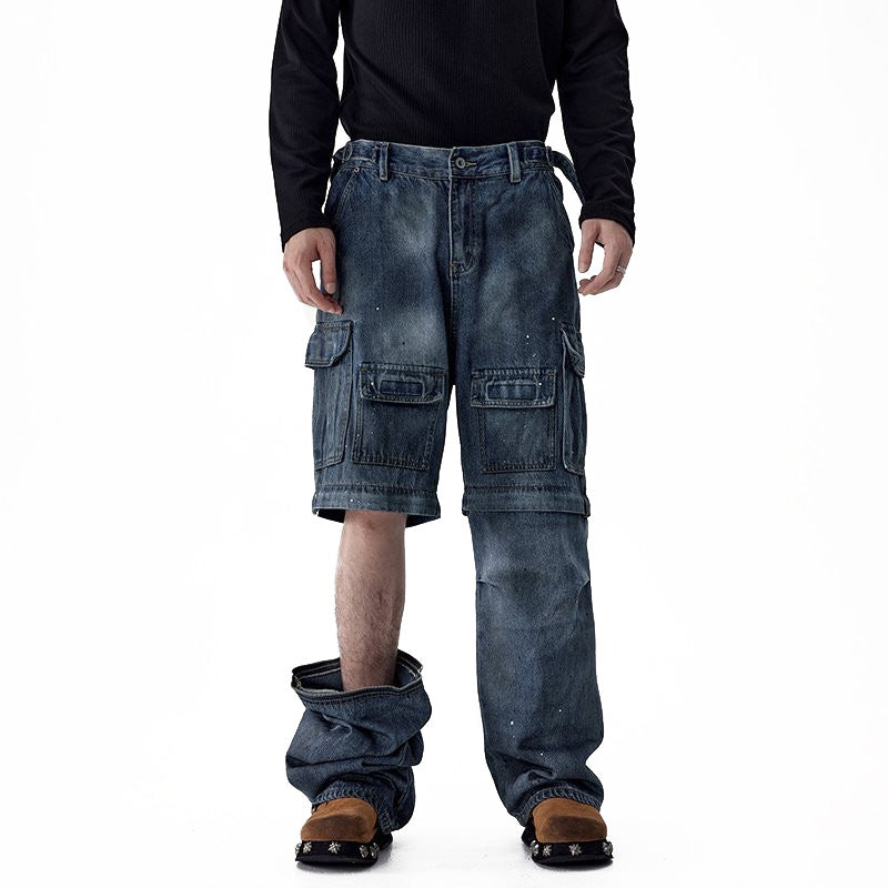 Washed worn dirty multi pocket functional work pants