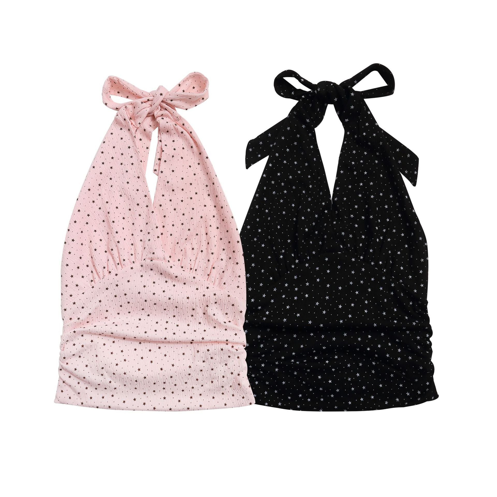 Star Print Halter Top with Bowknot Pleated Waist, Backless Fitted Cropped Blouse