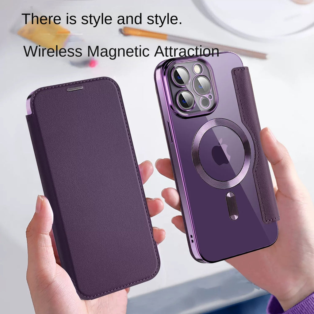 Suitable for iPhone 16 gold shield electroplated magnetic flip cover leather case Apple 15 all inclusive lens 14 protective case