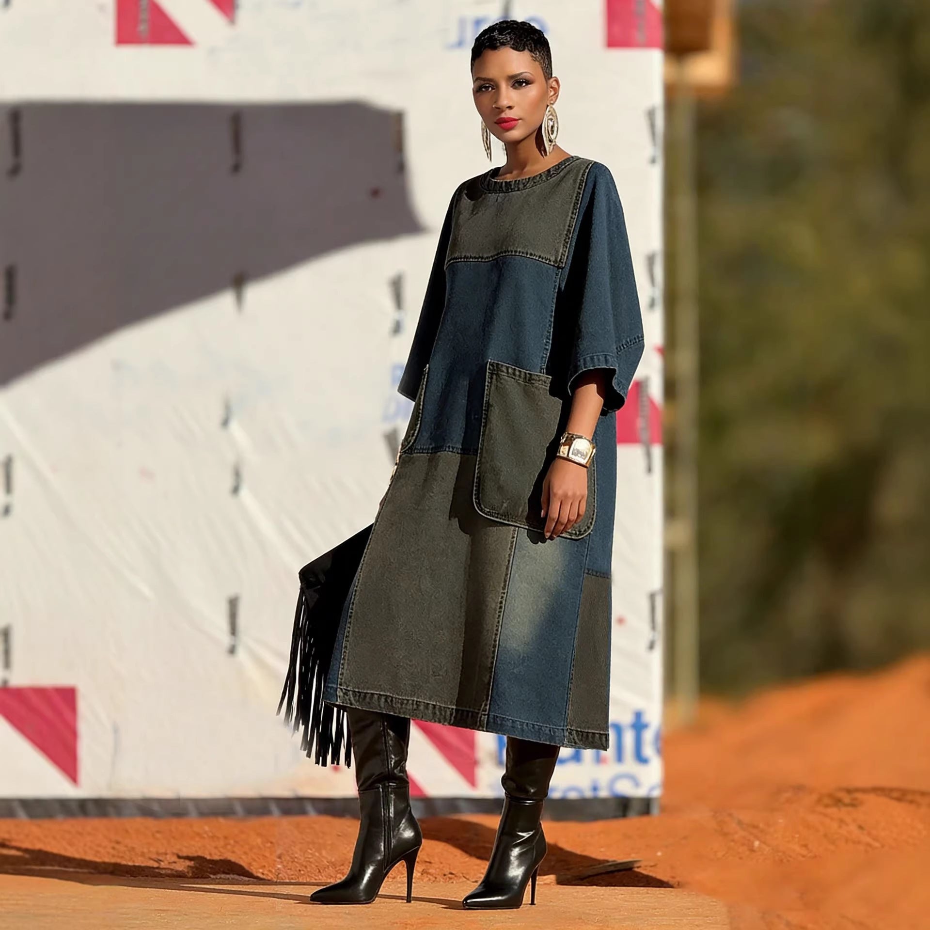 Pocket Loose Denim Dress with  Design and Asymmetrical Hem