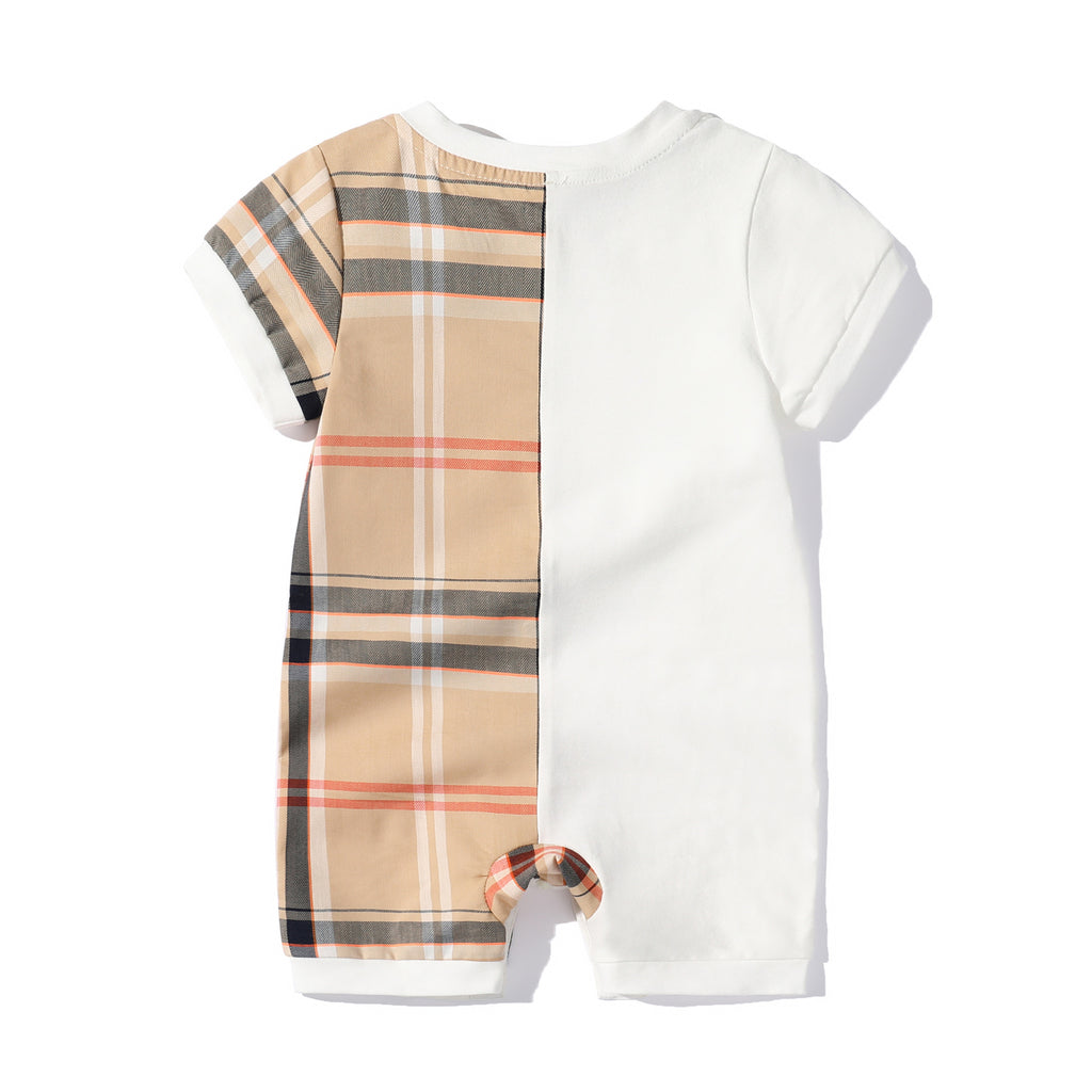 Checkered round neck short sleeved baby jumpsuit