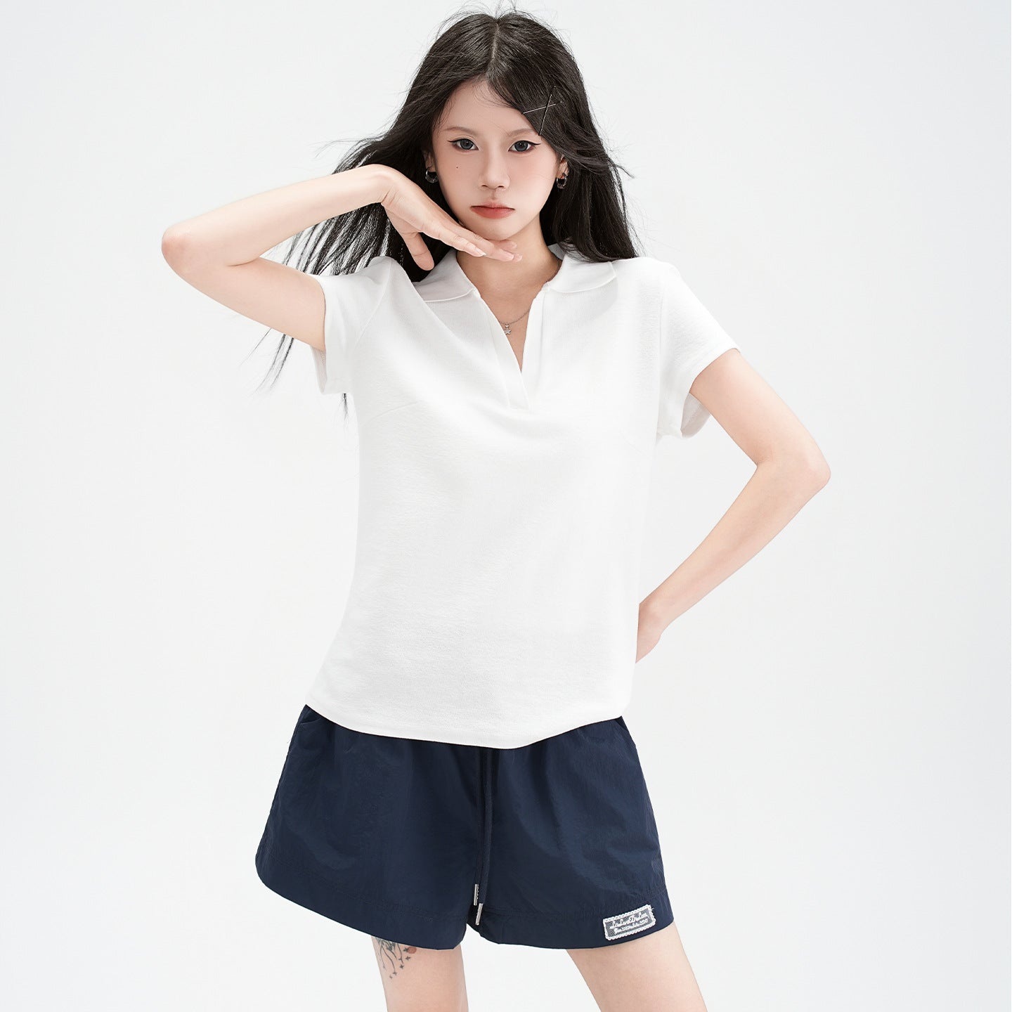 Chic Polo Collar Straight Shoulder Short Sleeve T-Shirt for Women