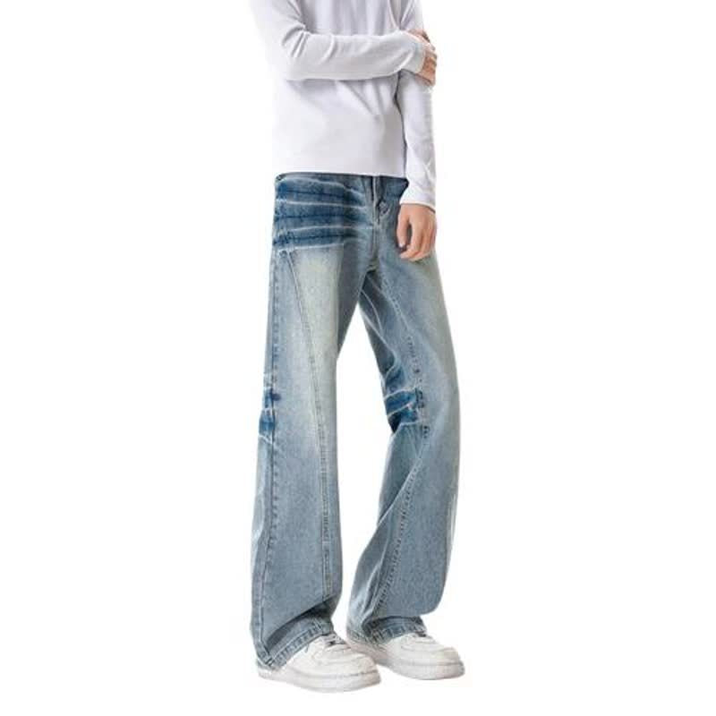 Washed Gradient Denim Pants with Cat Eye Texture and Blue Lightning Pattern