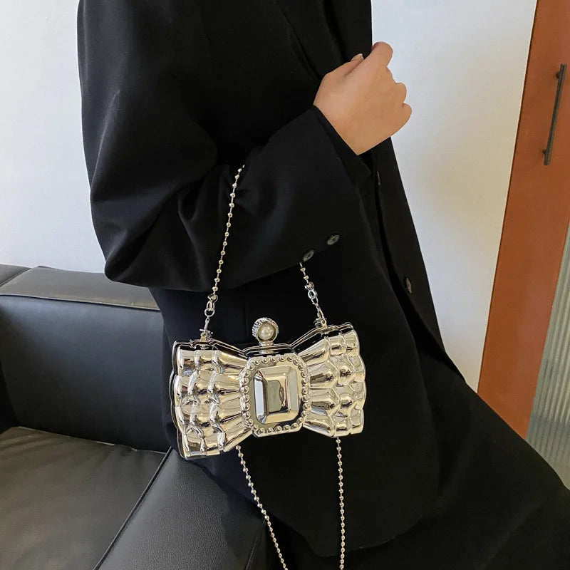 Luxury Acrylic Pvc Bow Shaped Lipstick Bag Creative Personality Mini Small Bag Fashion Metal Chain Crossbody Bag For Women