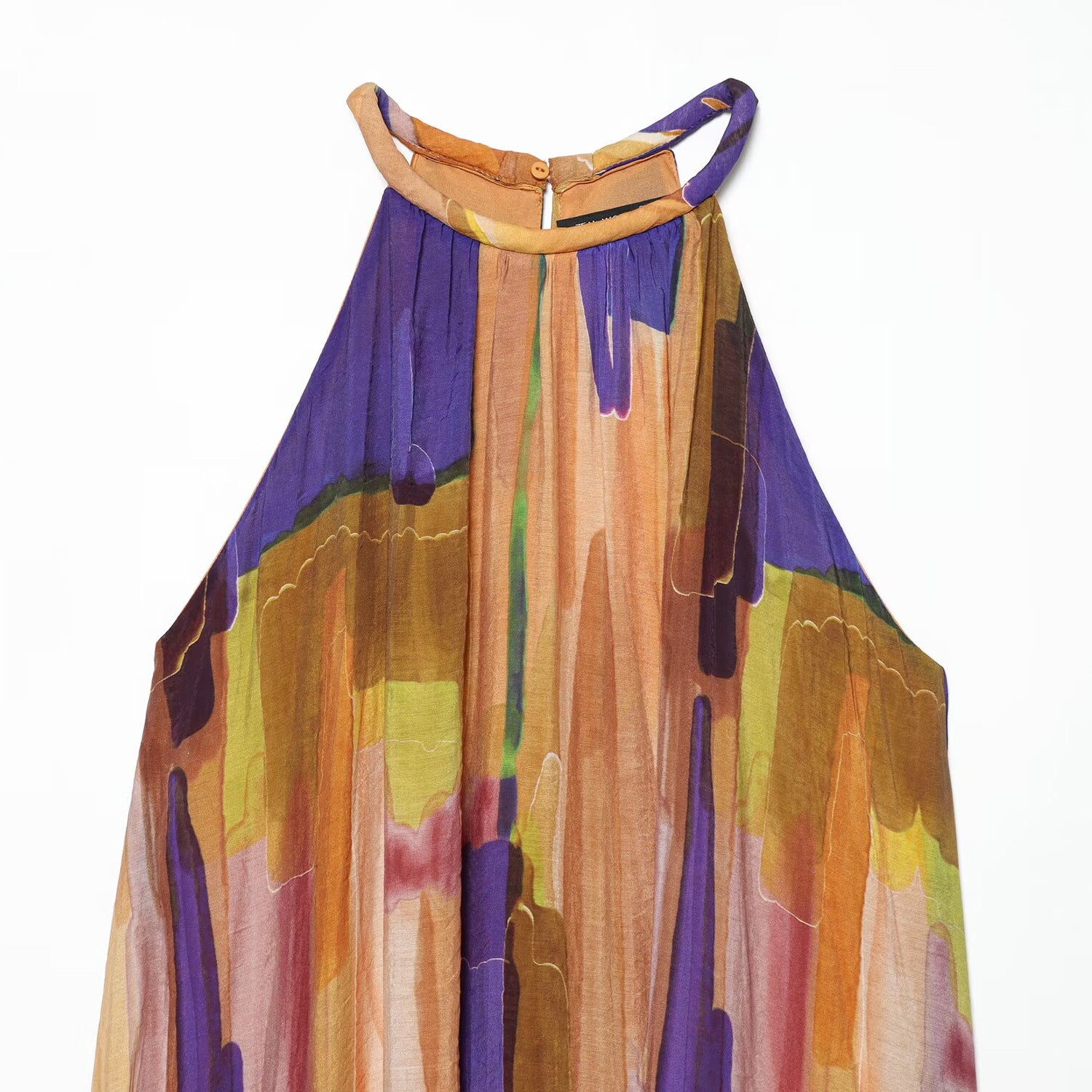 Hanging neck asymmetrical hem printed dress