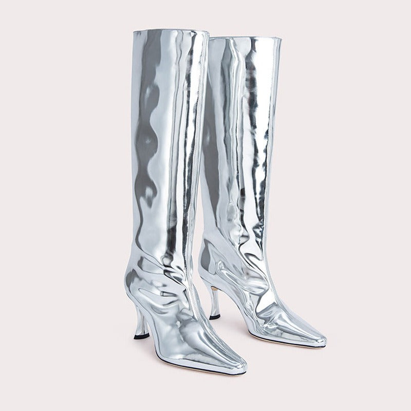 pop design autumn winter motorcycle boots shoes women print leather knee high boots sexy high heels platform riding boots woman