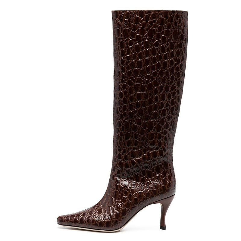 pop design autumn winter motorcycle boots shoes women print leather knee high boots sexy high heels platform riding boots woman