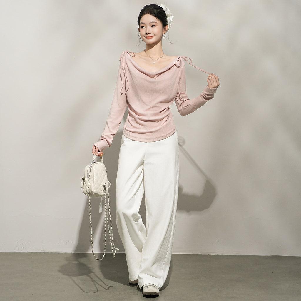 Chic Pink Off-Shoulder Long Sleeve Top for Women, One-Shoulder Neckline Inner Layer