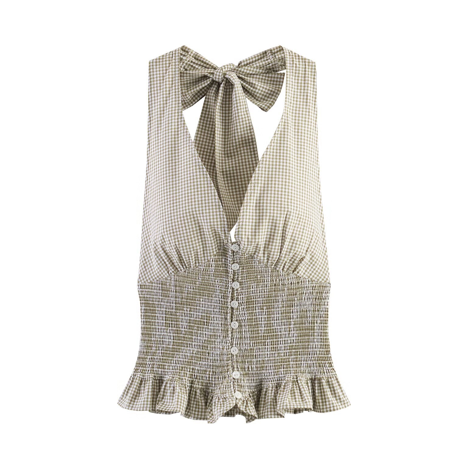 Spicy girl small plaid hanging neck collar top