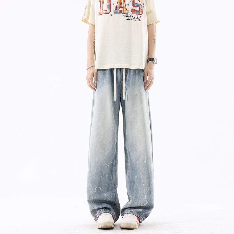 Ice Silk Denim Pants Men Retro Loose Basic Versatile Drape Wide Leg Long Pants