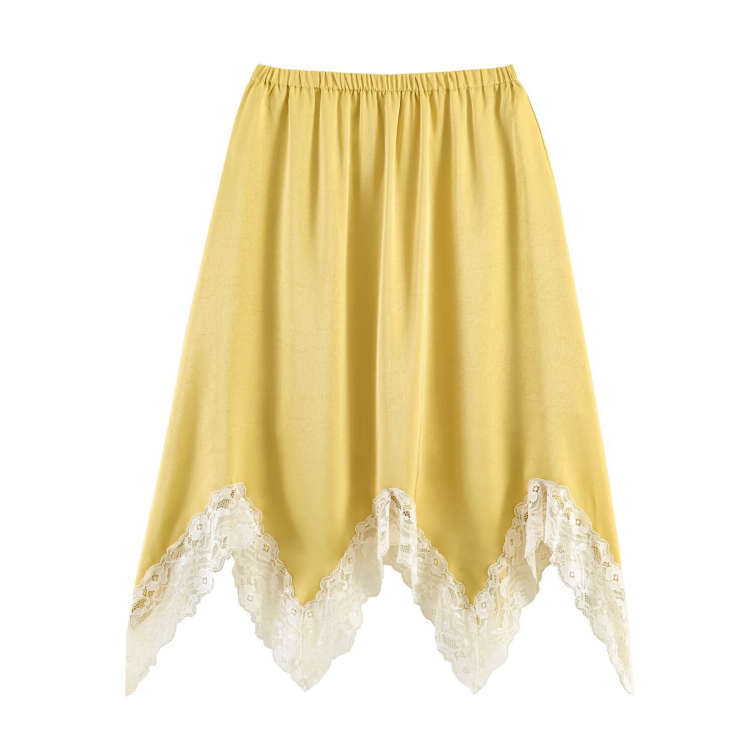 Irregular hem lace lace embossed satin skirt