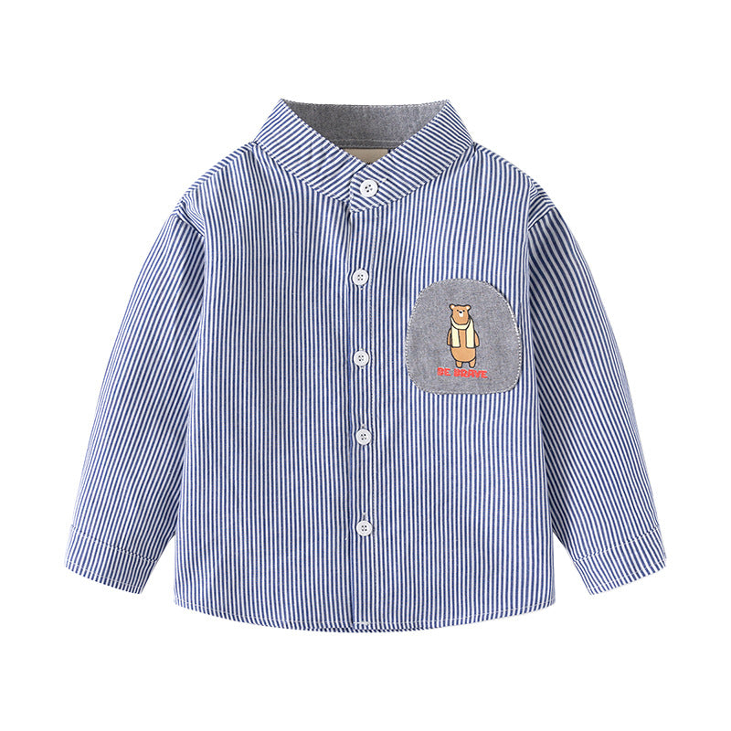 Striped Long Sleeve Shirt Stand Collar Pure Cotton, Casual Top