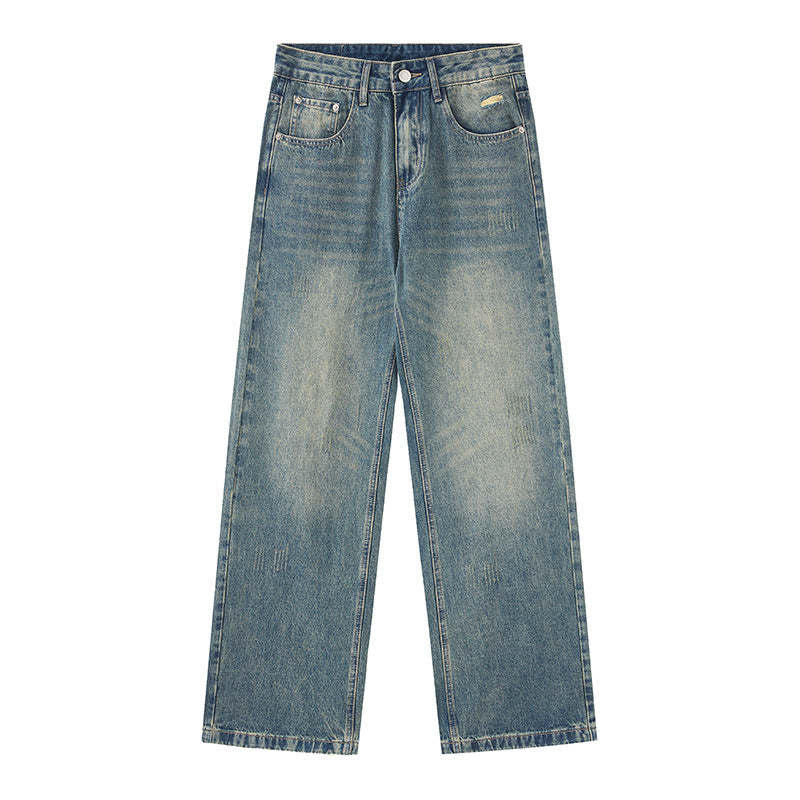 Men's A-line Vintage Denim Pants Washed Loose High Street Floor-Length Trousers