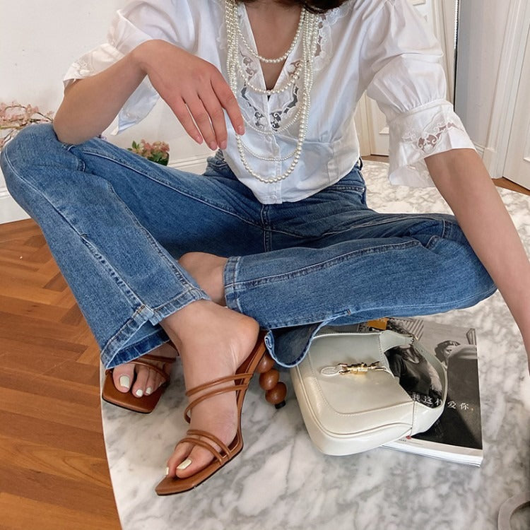 Simple Square Toe Straight Gourd High Heel Mules Women's Ball Ball Round Heel Sandals