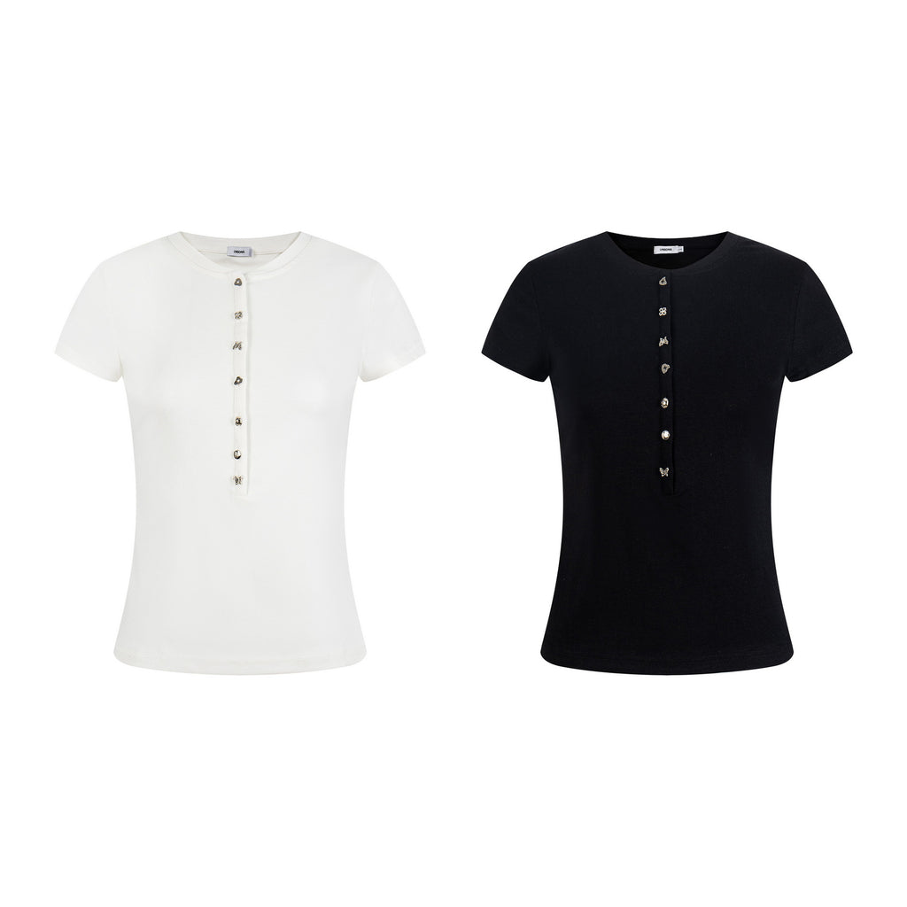 Women's Button Decorated Slim Fit Round Neck Casual Short Sleeve Top
