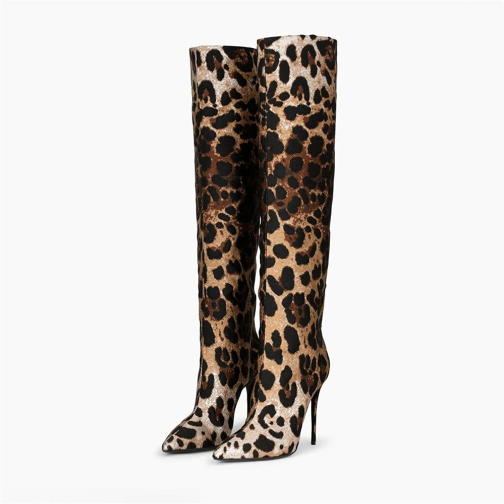 Pointed thin heel leopard print long boots for women's fashionable and sexy high boots for women's shoes