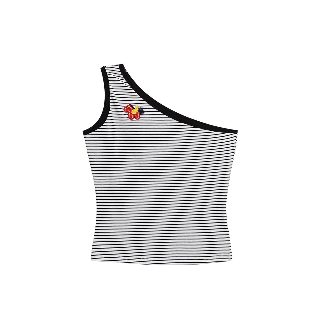 Crop Top with Asymmetrical Shoulder Stripes, Fitted Sleeveless Bodysuit with Embroidered Studs