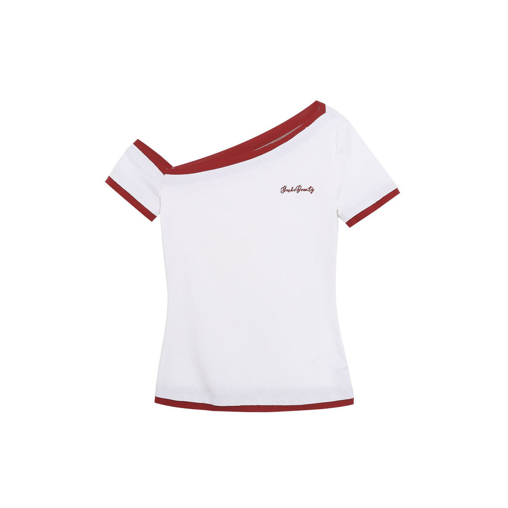One-Shoulder Color-Block Short Sleeve Top, Faux Two-Piece Slim Fit Revealing Shoulder T-Shirt
