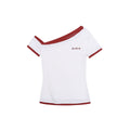 One-Shoulder Color-Block Short Sleeve Top, Faux Two-Piece Slim Fit Revealing Shoulder T-Shirt