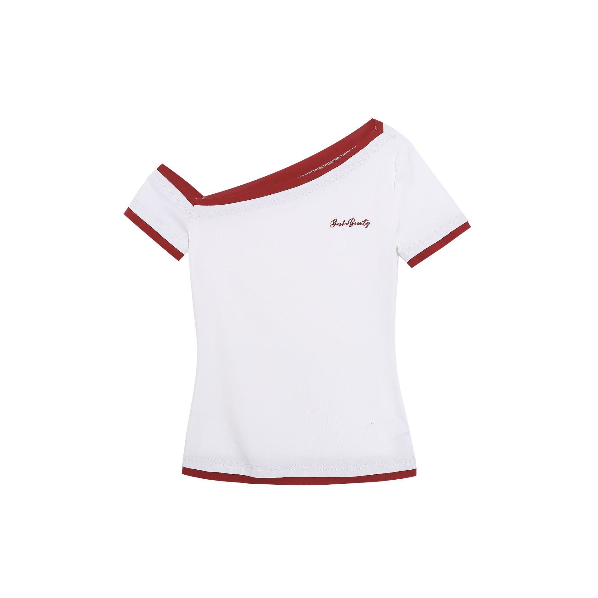 One-Shoulder Color-Block Short Sleeve Top, Faux Two-Piece Slim Fit Revealing Shoulder T-Shirt
