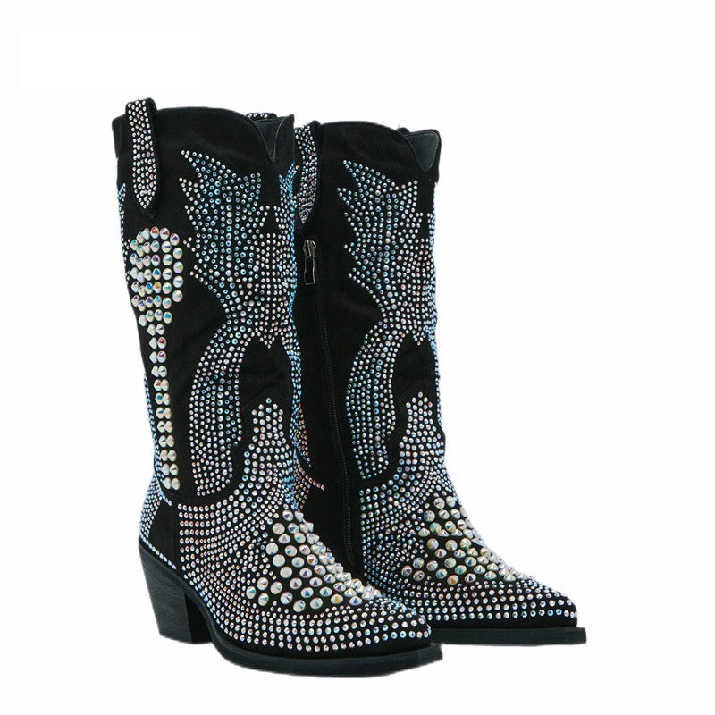 Fall Winter Women Crystal Embellished Cowboy Boots Faux Leather Mid-calf Boots Pointy Toe Western Cowgirl Boots