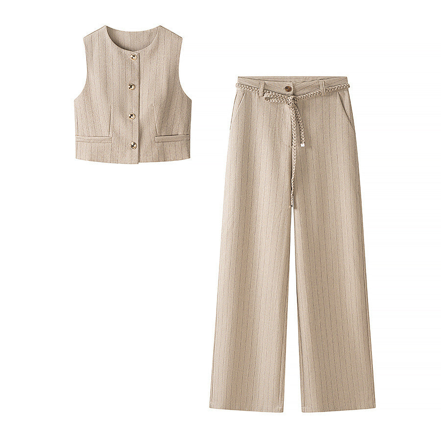 Casual round neck sleeveless vest+straight leg pants set