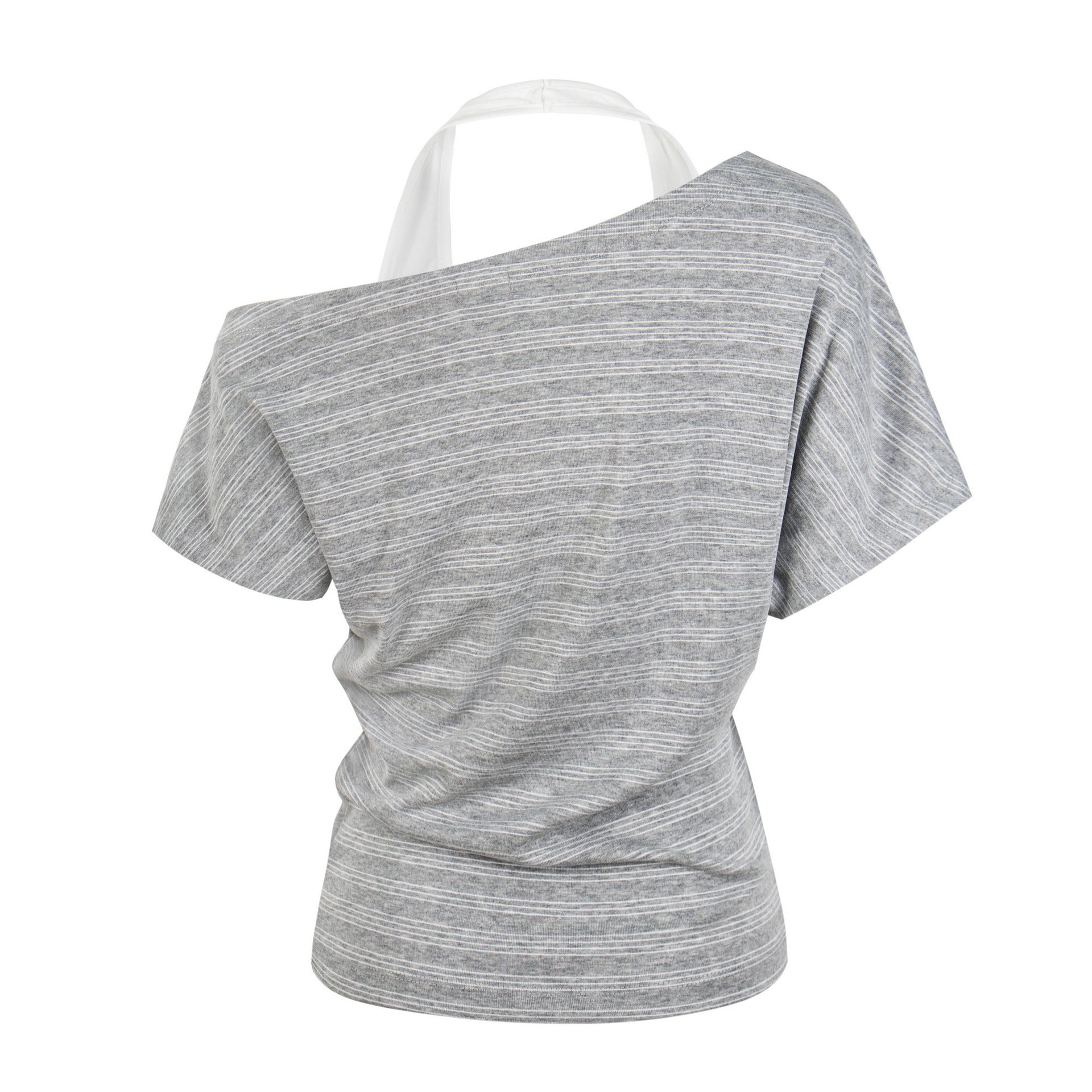 Halter Neck Asymmetrical Two-Piece T-Shirt Stripe Pleated Fitted Cropped Off-Shoulder Top