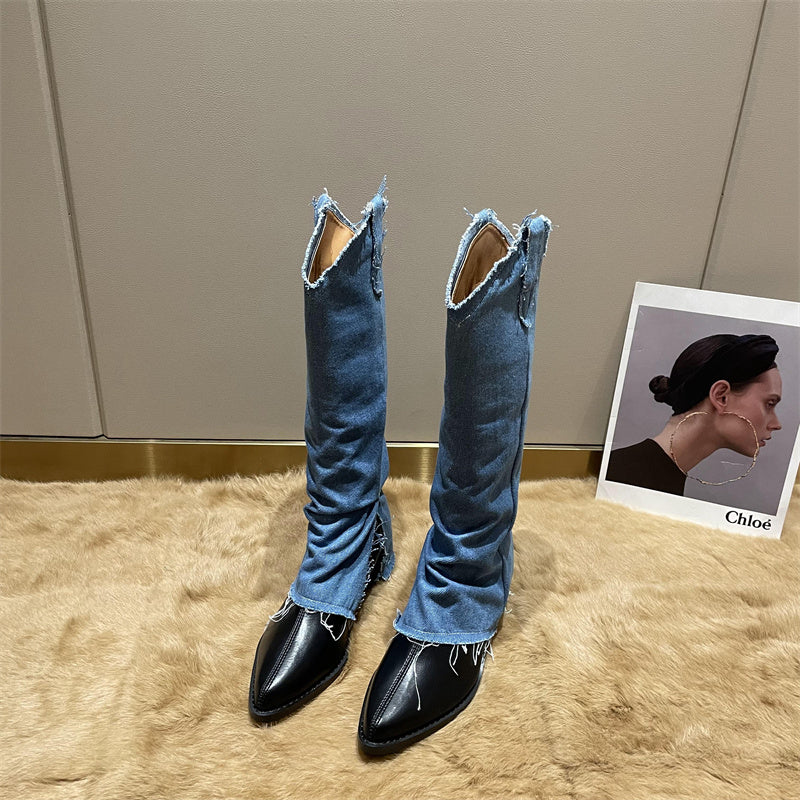 Pointed Toe Thick Heel Western Cowboy Boots Women's New High-Leg Trousers Boots But Knee Boots Knight Boot